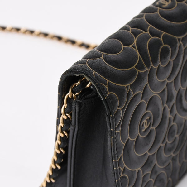 CHANEL シャネル カメリア ウォレット チェーンバッグ エンボス加工 21番台 ラムスキン ブラック ゴールド 美品 中古 4a003710