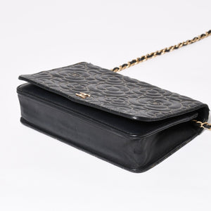 CHANEL シャネル カメリア ウォレット チェーンバッグ エンボス加工 21番台 ラムスキン ブラック ゴールド 美品 中古 4a003710