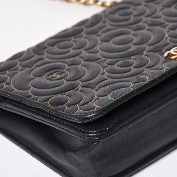 CHANEL シャネル カメリア ウォレット チェーンバッグ エンボス加工 21番台 ラムスキン ブラック ゴールド 美品 中古 4a003710