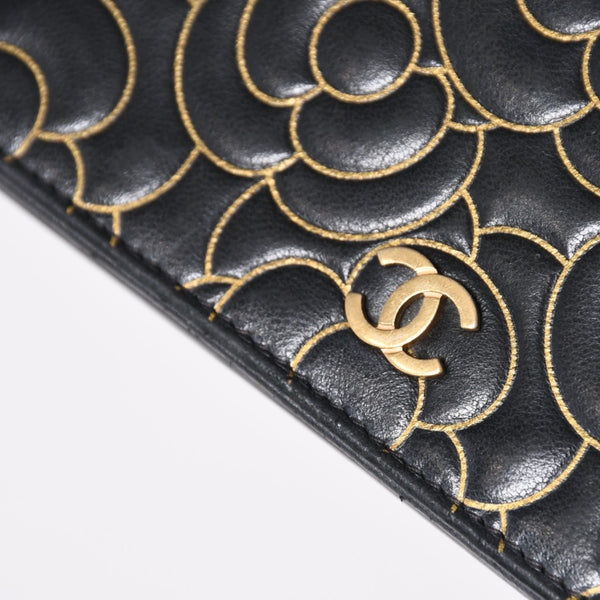 CHANEL シャネル カメリア ウォレット チェーンバッグ エンボス加工 21番台 ラムスキン ブラック ゴールド 美品 中古 4a003710