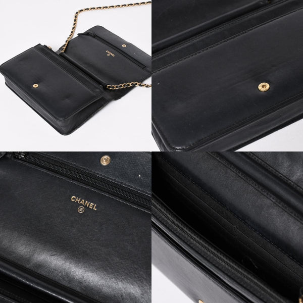 CHANEL シャネル カメリア ウォレット チェーンバッグ エンボス加工 21番台 ラムスキン ブラック ゴールド 美品 中古 4a003710