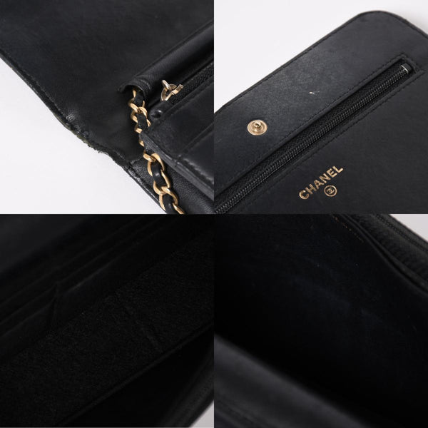 CHANEL シャネル カメリア ウォレット チェーンバッグ エンボス加工 21番台 ラムスキン ブラック ゴールド 美品 中古 4a003710