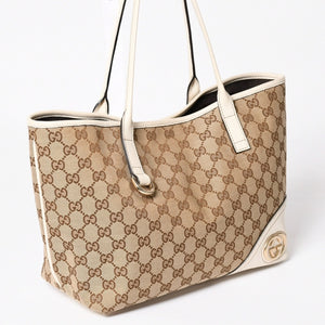 極美品 GUCCI グッチ トートバッグ ハンドバッグ GGキャンバス レザー ベージュ ブラウン 169946 ゴールド金具 中古 4a003703
