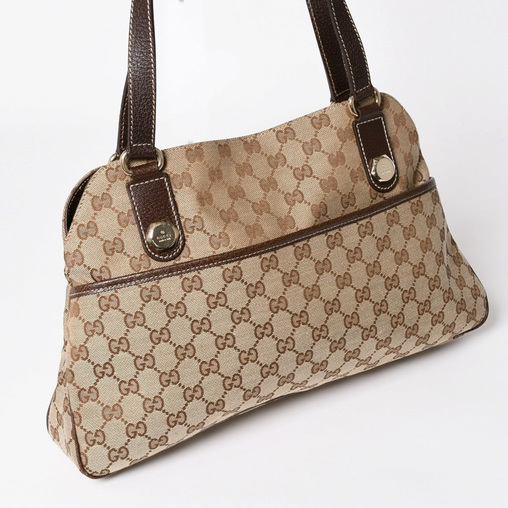 極美品 GUCCI グッチ GGキャンバス ショルダーバッグ ベージュ ブラウン ゴールド金具 163238 中古 4a003447