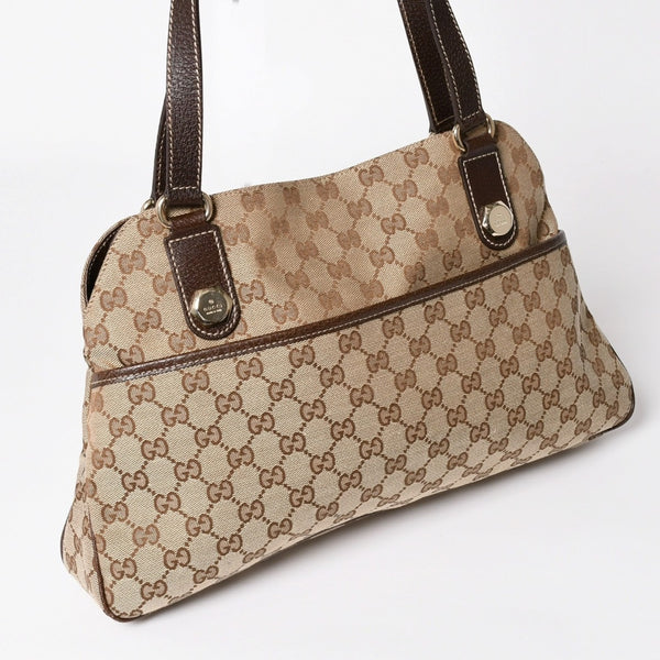 極美品 GUCCI グッチ GGキャンバス ショルダーバッグ ベージュ ブラウン ゴールド金具 163238 中古 4a003447