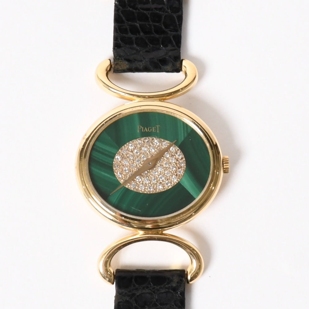 PIAGET ピアジェ 腕時計 9802 D 重量約31.69g 18KYG 純正ダイヤ レザー 手巻き マラカイト文字盤 750刻印 美品 中古 4a003721