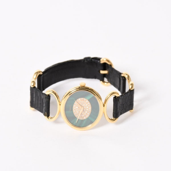 PIAGET ピアジェ 腕時計 9802 D 重量約31.69g 18KYG 純正ダイヤ レザー 手巻き マラカイト文字盤 750刻印 美品 中古 4a003721