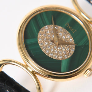 PIAGET ピアジェ 腕時計 9802 D 重量約31.69g 18KYG 純正ダイヤ レザー 手巻き マラカイト文字盤 750刻印 美品 中古 4a003721