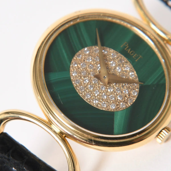 PIAGET ピアジェ 腕時計 9802 D 重量約31.69g 18KYG 純正ダイヤ レザー 手巻き マラカイト文字盤 750刻印 美品 中古 4a003721
