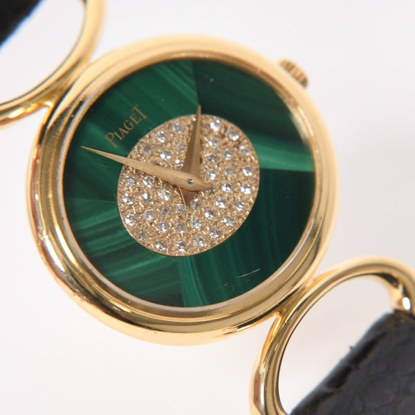 PIAGET ピアジェ 腕時計 9802 D 重量約31.69g 18KYG 純正ダイヤ レザー 手巻き マラカイト文字盤 750刻印 美品 中古 4a003721