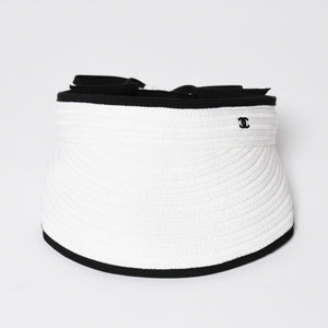 Very Good Condition CHANEL 22SS Sun Visor Hat AA8071 Size M Here Mark Ribbon Raffia Black White Used 4a005401