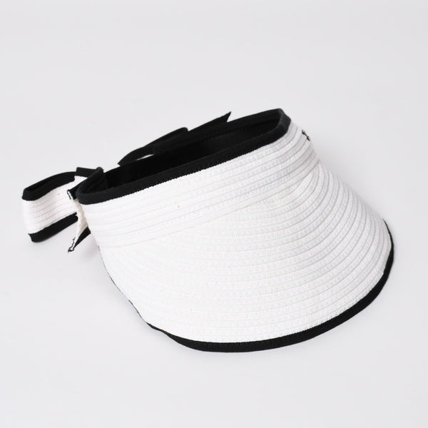 Very Good Condition CHANEL 22SS Sun Visor Hat AA8071 Size M Here Mark Ribbon Raffia Black White Used 4a005401