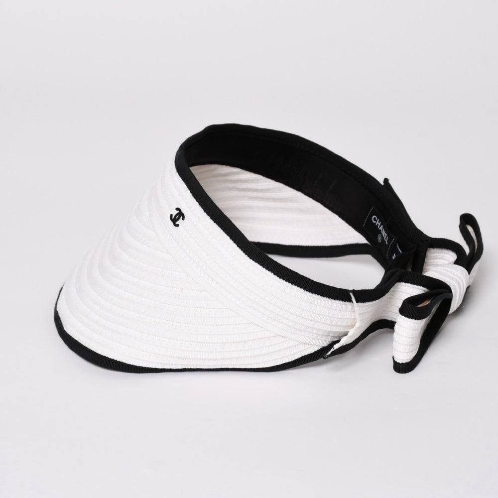 Very Good Condition CHANEL 22SS Sun Visor Hat AA8071 Size M Here Mark Ribbon Raffia Black White Used 4a005401