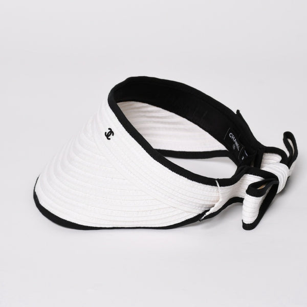 Very Good Condition CHANEL 22SS Sun Visor Hat AA8071 Size M Here Mark Ribbon Raffia Black White Used 4a005401