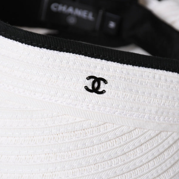 Very Good Condition CHANEL 22SS Sun Visor Hat AA8071 Size M Here Mark Ribbon Raffia Black White Used 4a005401