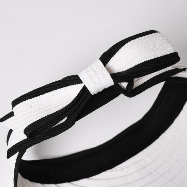 Very Good Condition CHANEL 22SS Sun Visor Hat AA8071 Size M Here Mark Ribbon Raffia Black White Used 4a005401