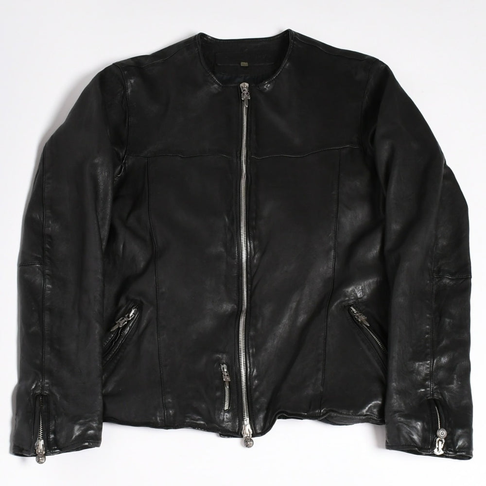 CHROME HEARTS クロムハーツ × リックオウエンス ノーカラーウォッシャブル シングル レザー ライダースジャケット XLサイズ 美品 中古 4a003725