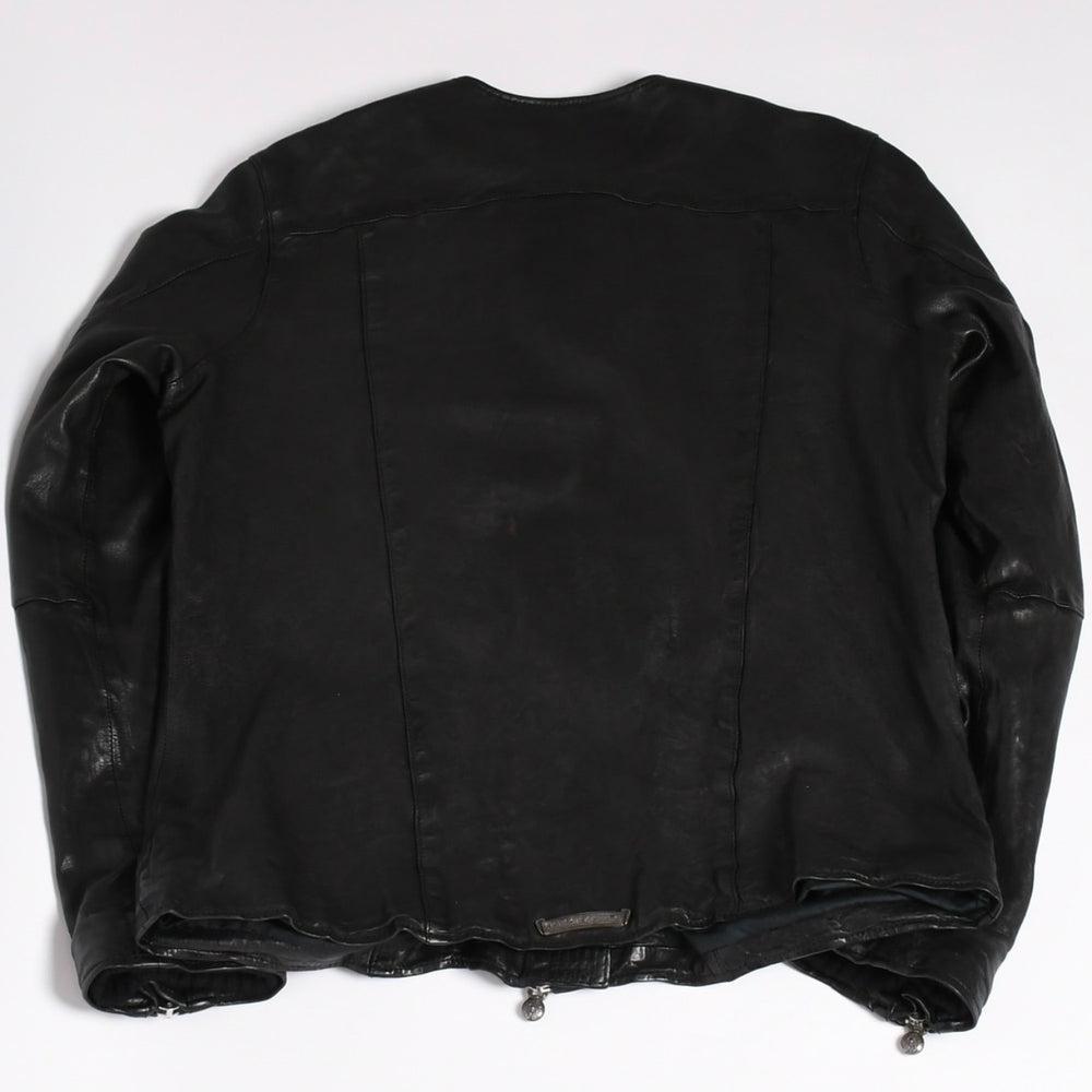 CHROME HEARTS クロムハーツ × リックオウエンス ノーカラーウォッシャブル シングル レザー ライダースジャケット XLサイズ 美品 中古 4a003725