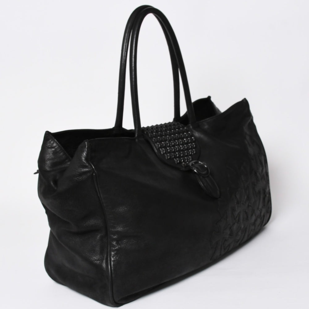 極美品 CHROME HEARTS クロムハーツ JET SET トートバッグ ボストンバッグ クロスパッチ レザー シルバー925 ブラックロジウム 中古 4a003752