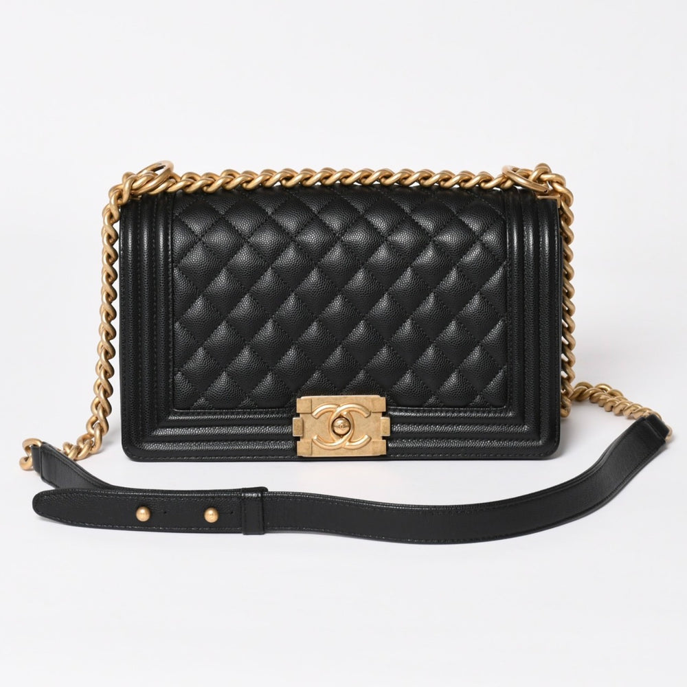 極美品 CHANEL シャネル ボーイシャネル25 ミディアム チェーンショルダーバッグ 30番台 ココマーク キャビアスキン ブラック 中古 4a003637
