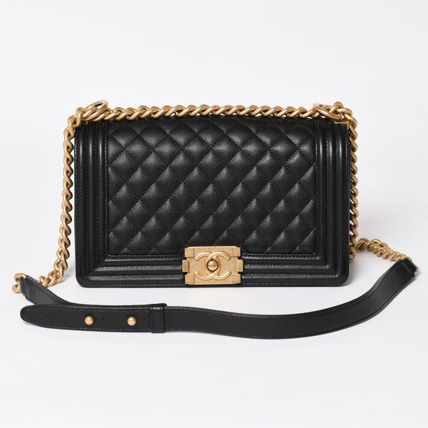 極美品 CHANEL シャネル ボーイシャネル25 ミディアム チェーンショルダーバッグ 30番台 ココマーク キャビアスキン ブラック 中古 4a003637