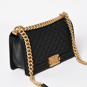 極美品 CHANEL シャネル ボーイシャネル25 ミディアム チェーンショルダーバッグ 30番台 ココマーク キャビアスキン ブラック 中古 4a003637