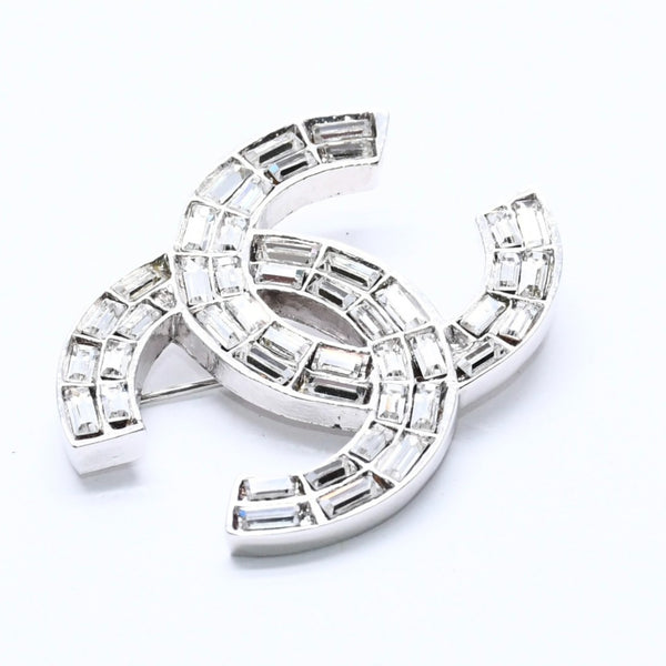 Very Good Condition CHANEL Coco Mark Brooch Weight Approx. 20.05g 01P Engraved Metal Rhinestone Silver Clear Used 4a003749