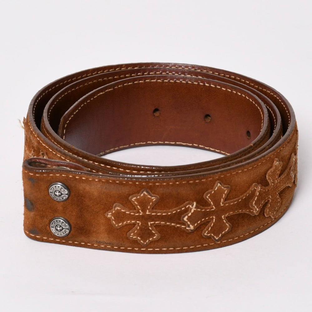 極美品 CHROME HEARTS クロムハーツ ベルト ストラップ サイズ34 セメタリー クロスパッチ シルバー925 レザー 中古 4a003757