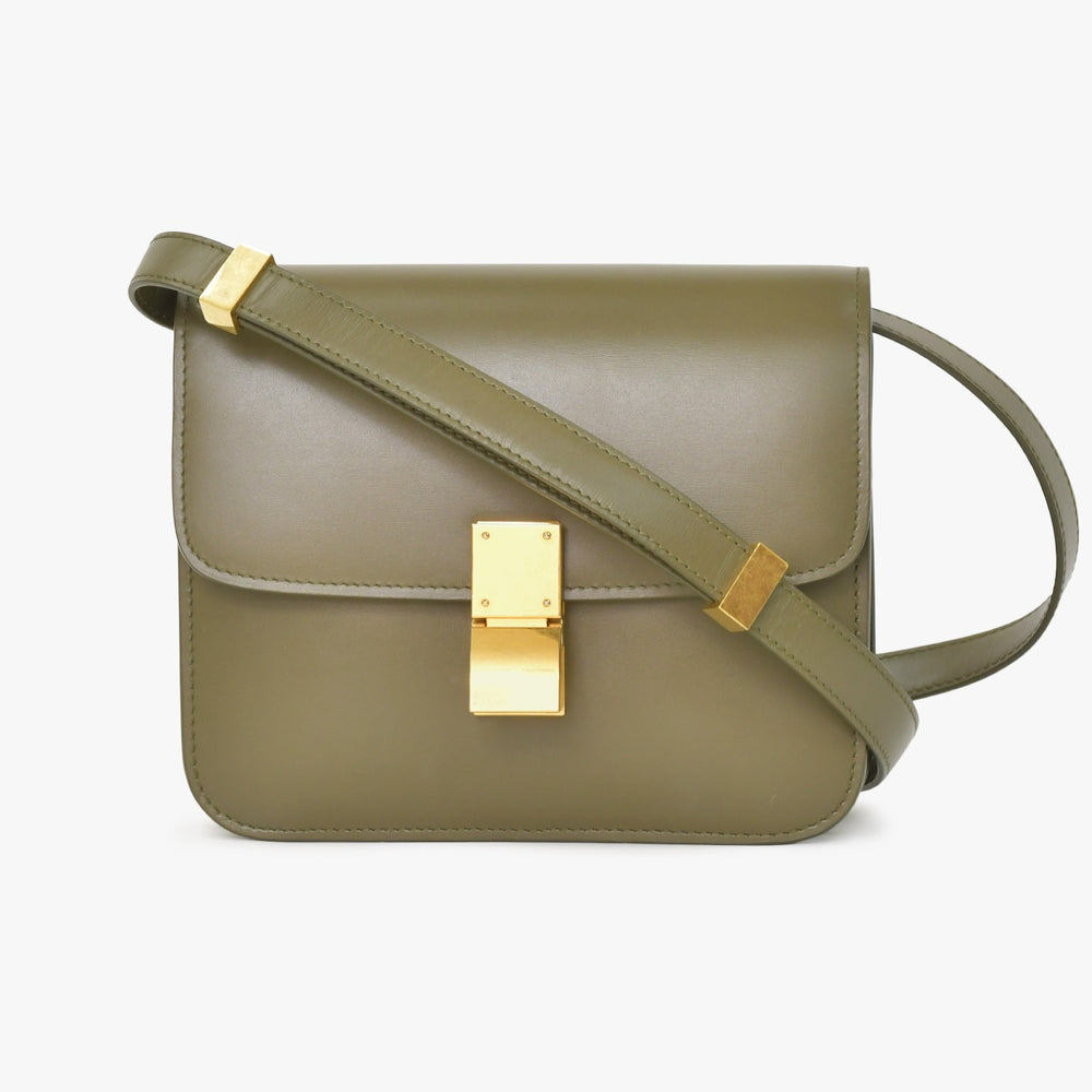 CELINE セリーヌ フィービー期 クラシック ボックス レザー ショルダーバッグ カーキ グリーン ゴールド金具 レザー 美品 中古 4a003688