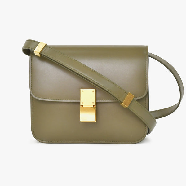 CELINE セリーヌ フィービー期 クラシック ボックス レザー ショルダーバッグ カーキ グリーン ゴールド金具 レザー 美品 中古 4a003688