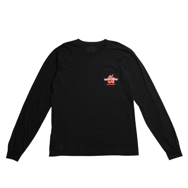 CHROME HEARTS クロムハーツ ホノルル限定 バックスクロールロゴ ロングスリーブTシャツ ハイビスカス スクロールラベルロゴ ブラック ロンT 長袖Tシャツ ブラック Lサイズ 美品 中古 4a003777