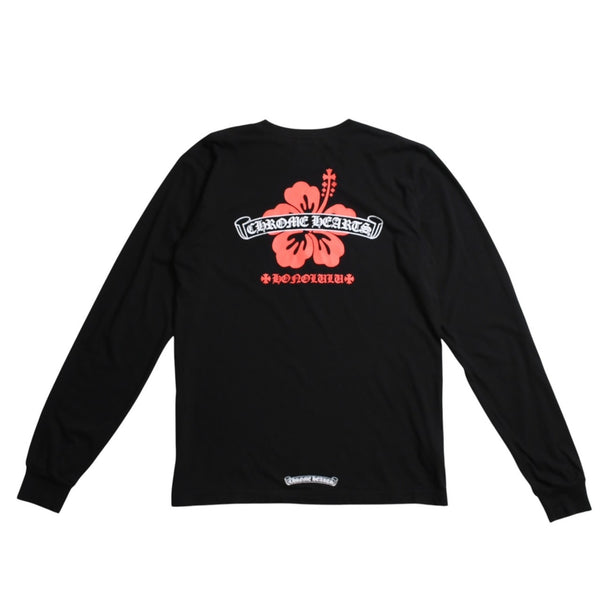 CHROME HEARTS クロムハーツ ホノルル限定 バックスクロールロゴ ロングスリーブTシャツ ハイビスカス スクロールラベルロゴ ブラック ロンT 長袖Tシャツ ブラック Lサイズ 美品 中古 4a003777
