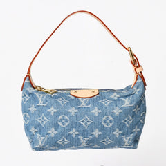 極美品 LOUIS VUITTON ルイヴィトン ポシェット ヒルズ ハンドバッグ M82949 モノグラム デニム インディゴブルー ゴールド金具 中古 4a003826