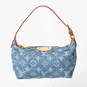 極美品 LOUIS VUITTON ルイヴィトン ポシェット ヒルズ ハンドバッグ M82949 モノグラム デニム インディゴブルー ゴールド金具 中古 4a003826