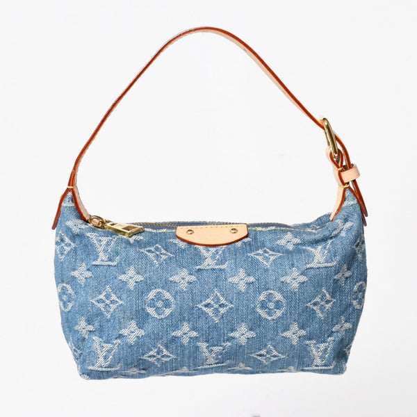 極美品 LOUIS VUITTON ルイヴィトン ポシェット ヒルズ ハンドバッグ M82949 モノグラム デニム インディゴブルー ゴールド金具 中古 4a003826