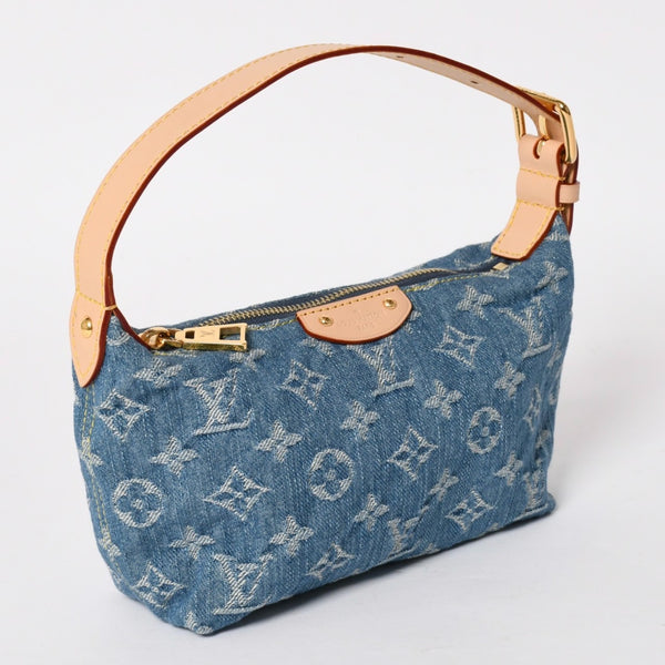 極美品 LOUIS VUITTON ルイヴィトン ポシェット ヒルズ ハンドバッグ M82949 モノグラム デニム インディゴブルー ゴールド金具 中古 4a003826
