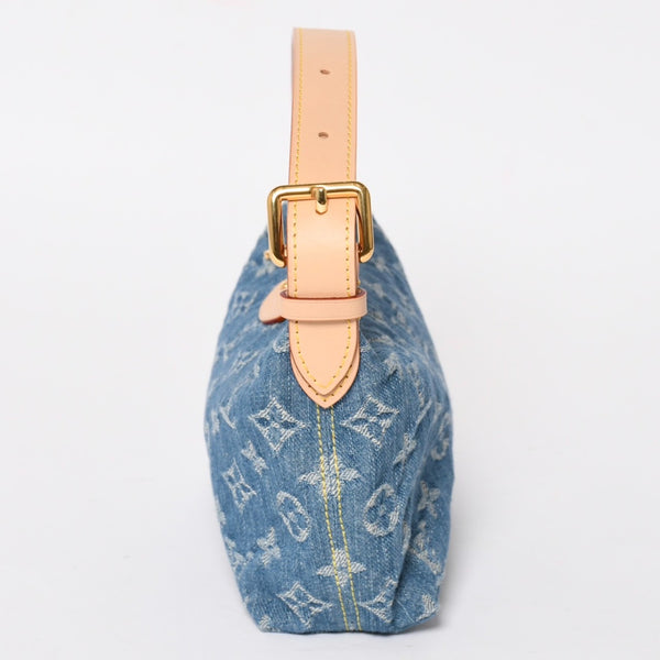 極美品 LOUIS VUITTON ルイヴィトン ポシェット ヒルズ ハンドバッグ M82949 モノグラム デニム インディゴブルー ゴールド金具 中古 4a003826