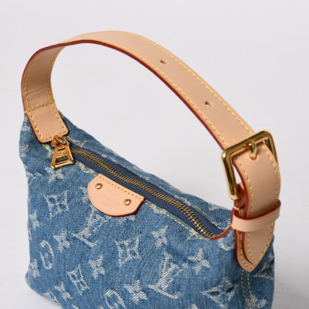 極美品 LOUIS VUITTON ルイヴィトン ポシェット ヒルズ ハンドバッグ M82949 モノグラム デニム インディゴブルー ゴールド金具 中古 4a003826