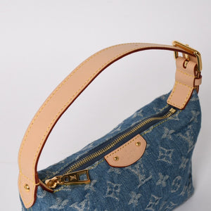 極美品 LOUIS VUITTON ルイヴィトン ポシェット ヒルズ ハンドバッグ M82949 モノグラム デニム インディゴブルー ゴールド金具 中古 4a003826