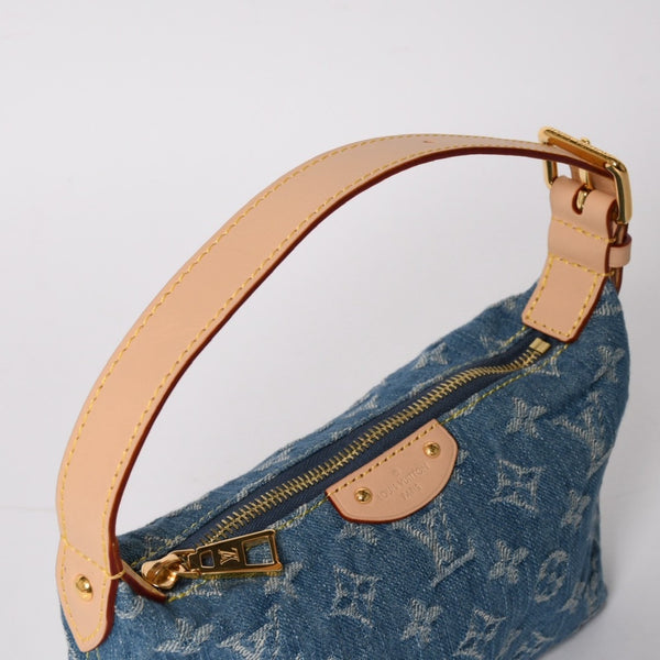 極美品 LOUIS VUITTON ルイヴィトン ポシェット ヒルズ ハンドバッグ M82949 モノグラム デニム インディゴブルー ゴールド金具 中古 4a003826