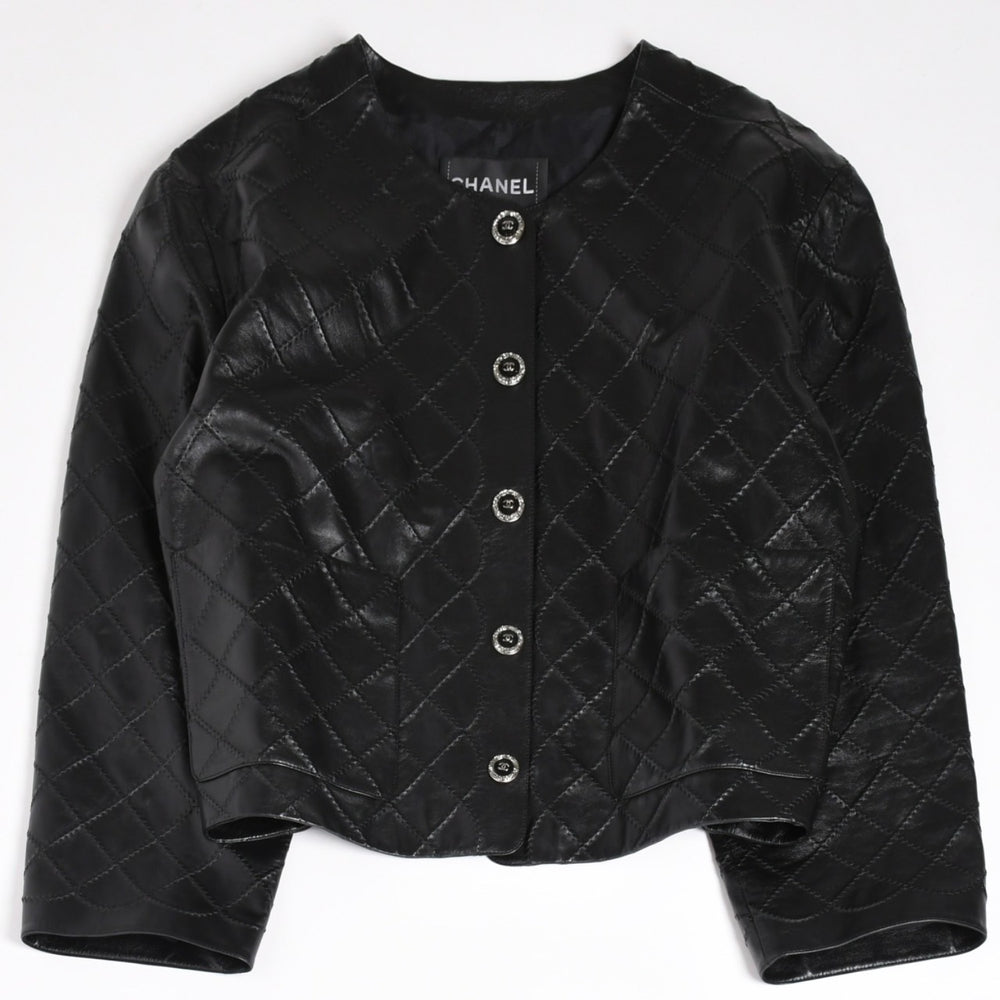 極美品 CHANEL シャネル マトラッセ ノーカラー仕様ブラックレザージャケット ラムスキン ココマーク アウター 50サイズ P72638 中古 4a003769