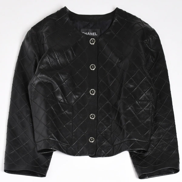 極美品 CHANEL シャネル マトラッセ ノーカラー仕様ブラックレザージャケット ラムスキン ココマーク アウター 50サイズ P72638 中古 4a003769