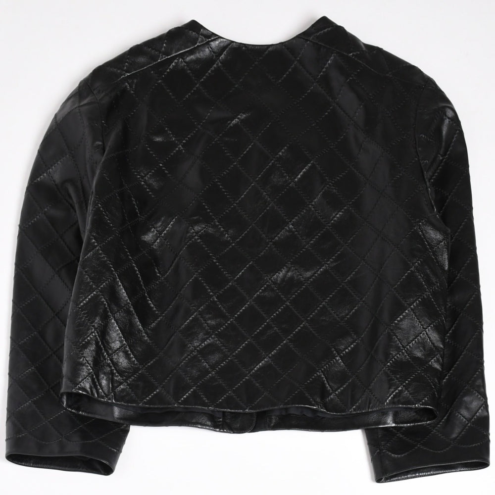 極美品 CHANEL シャネル マトラッセ ノーカラー仕様ブラックレザージャケット ラムスキン ココマーク アウター 50サイズ P72638 中古 4a003769