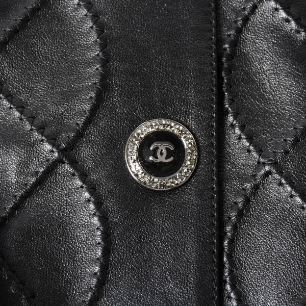 極美品 CHANEL シャネル マトラッセ ノーカラー仕様ブラックレザージャケット ラムスキン ココマーク アウター 50サイズ P72638 中古 4a003769