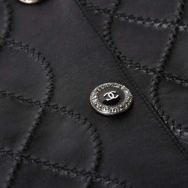 極美品 CHANEL シャネル マトラッセ ノーカラー仕様ブラックレザージャケット ラムスキン ココマーク アウター 50サイズ P72638 中古 4a003769