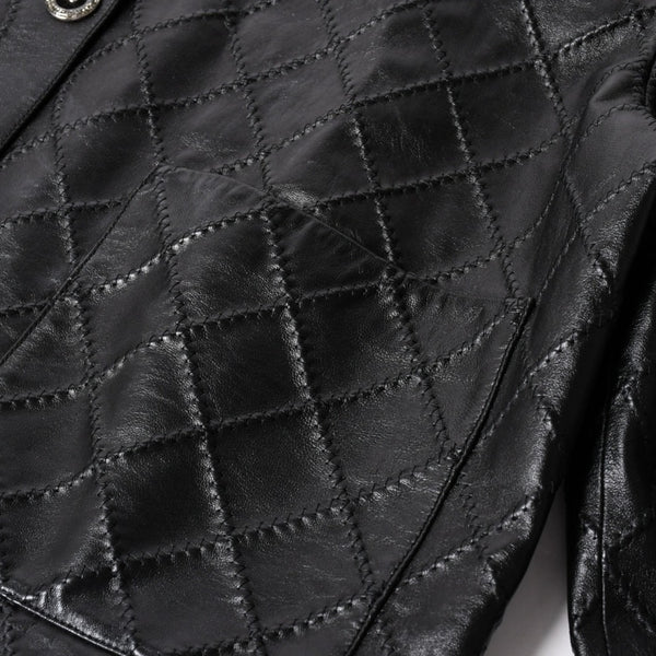 極美品 CHANEL シャネル マトラッセ ノーカラー仕様ブラックレザージャケット ラムスキン ココマーク アウター 50サイズ P72638 中古 4a003769