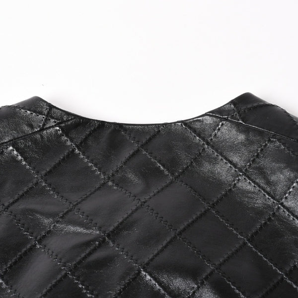 極美品 CHANEL シャネル マトラッセ ノーカラー仕様ブラックレザージャケット ラムスキン ココマーク アウター 50サイズ P72638 中古 4a003769