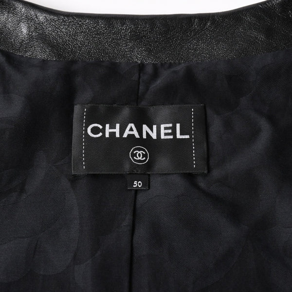 極美品 CHANEL シャネル マトラッセ ノーカラー仕様ブラックレザージャケット ラムスキン ココマーク アウター 50サイズ P72638 中古 4a003769