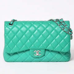 新品同様 CHANEL シャネル デカマトラッセ30 グリーン Wフラップ Wチェーンショルダーバッグ A58600 16番台 ココマーク ラムスキン 中古 4a003840
