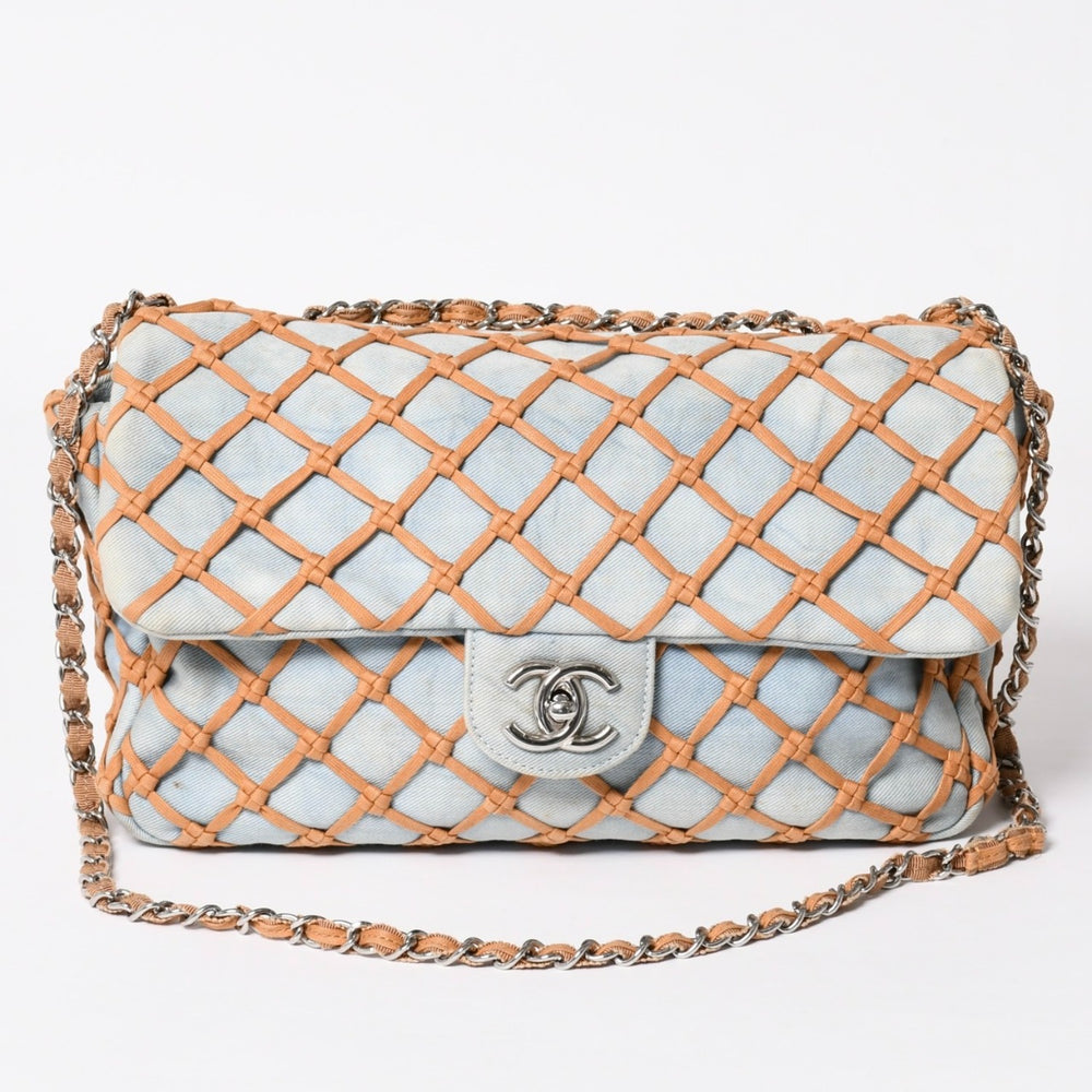 CHANEL CHANEL Deca Matelasse 30 S Flap W Chain Shoulder Bag No. 14 Coco Mark Denim Braided Blue Good Condition Used 4a003841